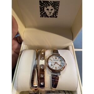 Anne Klein Rose Gold Mother of Pearl Watch & Crystal Bracelet Set AK-2245RTST